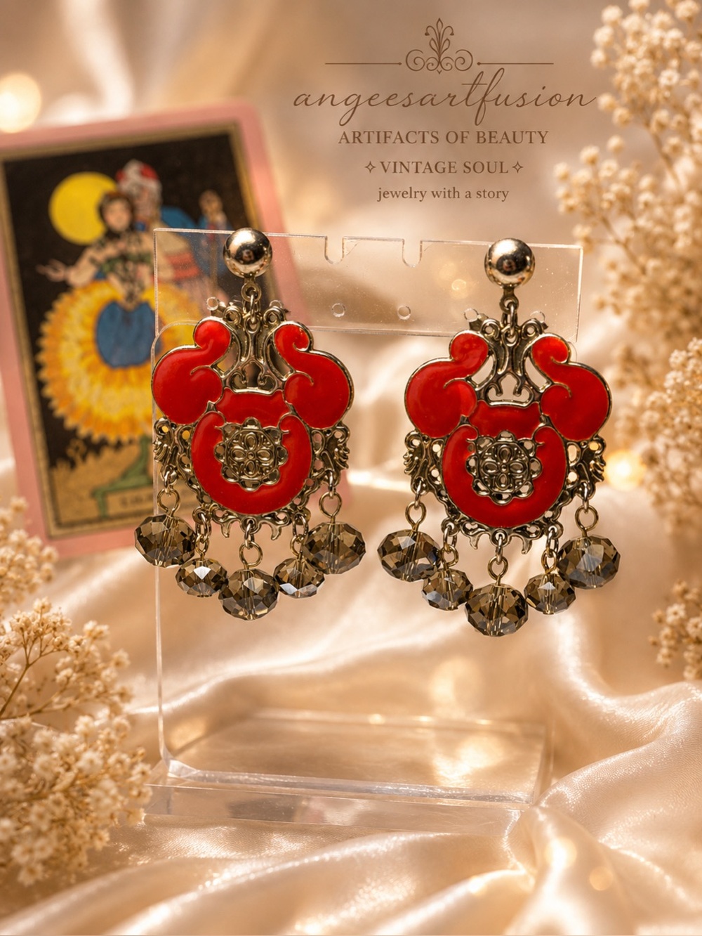 Vintage Red Enamel Spanish Revival Style Chandelier Earrings with Smoky Crystals